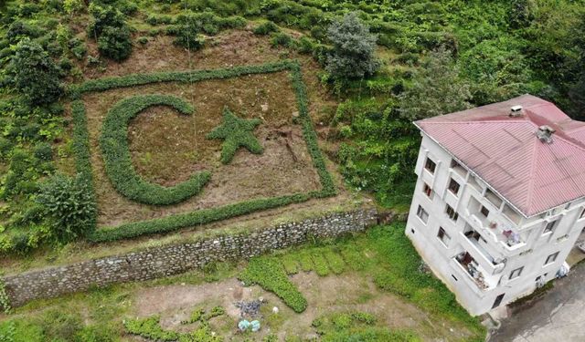 Türk bayrağını çay bitkisiyle ince ince bahçesine işledi