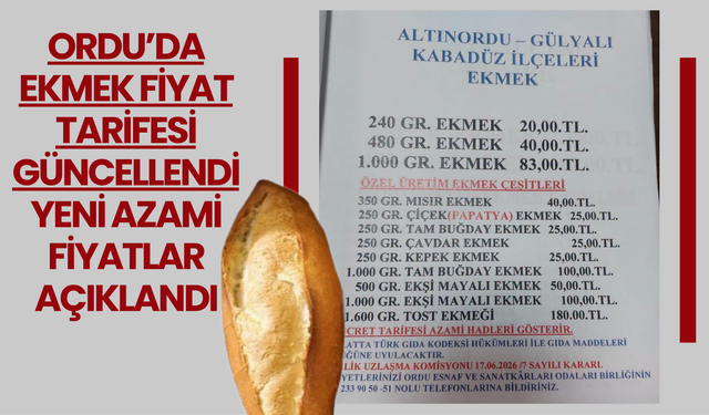 Ordu’da Ekmek Fiyat Tarifesi Güncellendi: Yeni Azami Fiyatlar Açıklandı
