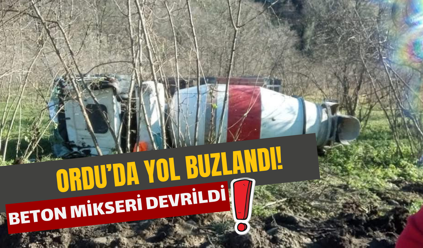 Ordu'da Yol Buzlandı! Beton Mikseri Devrildi!