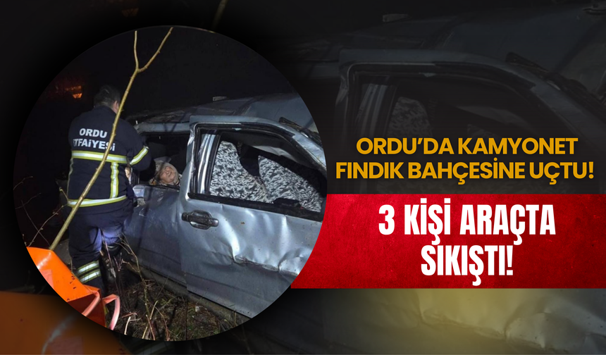 Ordu’da Kamyonet Fındık Bahçesine Uçtu! 3 Kişi Araçta Sıkıştı!
