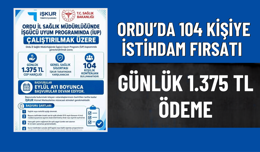 Ordu’da 104 Kişiye İstihdam Fırsatı: Günlük 1.375 TL Ödeme