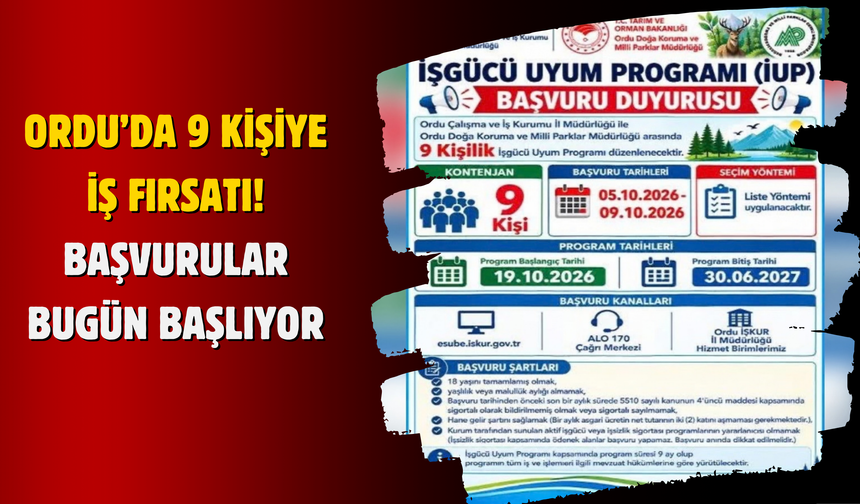 Ordu’da 9 Kişiye İş Fırsatı! Başvurular Bugün Başlıyor