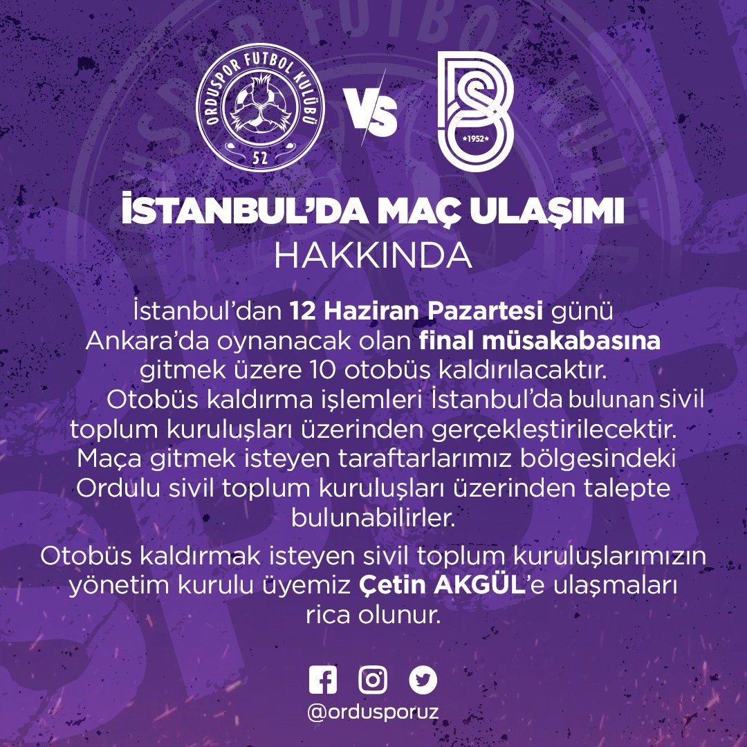 İSTANBUL'DA YAŞAYAN ORDULULAR DİKKAT! 52 ORDUSPOR FİNAL MAÇINA ULAŞIM YARDIMI..