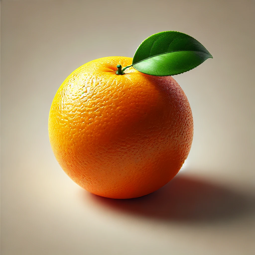 Dall·e 2024 12 18 10.12.11 A Realistic And Vibrant Depiction Of A Fresh Orange, With A Glossy Peel And A Green Leaf Still Attached. The Orange Is Whole, Placed On A Neutral Back